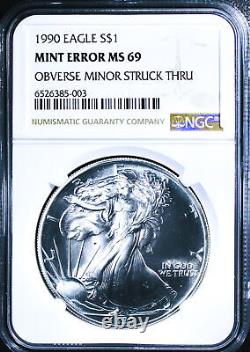 1990 American Silver Eagle Mint Error Obverse Struck Through NGC MS-69