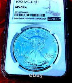 1990 STAR. Silver Eagle. MS69. NGC. PROOF LIKE SURFACES, SUPER RARE