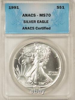1991 $1 American Silver Eagle Anacs Ms-70