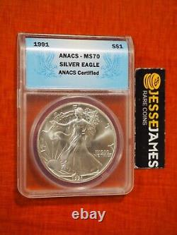 1991 $1 American Silver Eagle Anacs Ms70 Blue Label