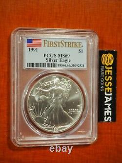 1991 $1 American Silver Eagle Pcgs Ms69 Flag First Strike Label