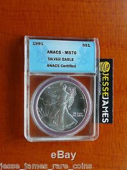 1991 AMERICAN SILVER EAGLE ANACS MS70 S$1 TOP POP STUNNING COIN