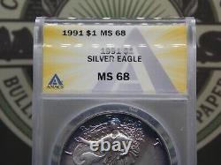 1991 American SILVER Eagle $1 ANACS MS68 #114 Toned BU Unc Color ECC&C Inc