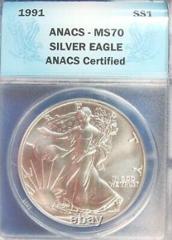 1991 American Silver Eagle $1 Gem Brilliant Uncirculated ANACS MS70 Q1H3