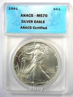 1991 American Silver Eagle Dollar $1 ASE ANACS MS70 Rare Date in MS70