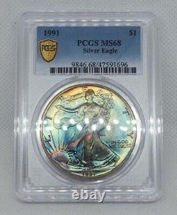 1991 American Silver Eagle PCGS MS68 Beastly Toned Double Sided Rainbow Toning