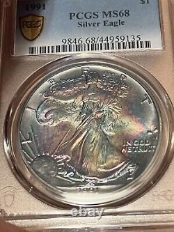 1991 American Silver Eagle PCGS MS68 Monster Rainbow Toned Obv & Rev