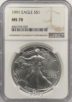 1991 Ngc Ms70 Silver American Eagle Mint State 1 Oz. 999 Fine Bullion