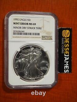 1992 $1 American Silver Eagle Ngc Mint Error Ms69 Minor Obverse Struck Thru