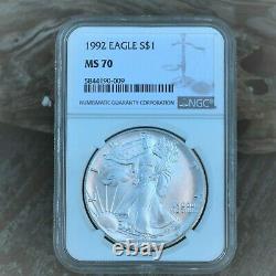 1992 American Silver Eagle $1 Dollar Bullion NGC MS70. Brown Label Beauty