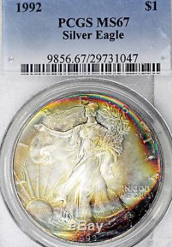 1992 MS67 American Silver Eagle $1 ASE, PCGS Graded, Rainbow Toned