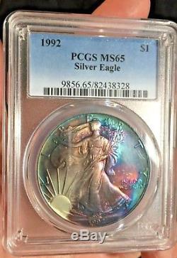 1992 PCGS MS65 Rainbow Toned American Silver Eagle 1 oz Toning $1 Coin