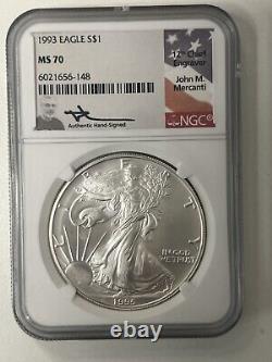 1993 $1 American Silver Eagle NGC MS70 Signed by Mercanti 1 oz, Nice Condition