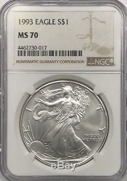 1993 Ngc Ms70 Silver American Eagle Mint State 1 Oz. 999 Fine Bullion