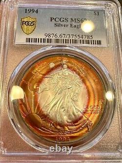 1994 ASE American Silver Eagle $1 PCGS MS67 FABULOUS STRIKING WOW RAINBOW TONING