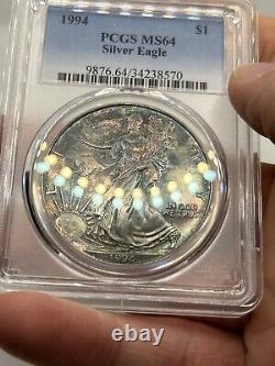 1994 American Silver Eagle Toned ASE 1oz PCGS MS65 Beautiful Rainbow Color