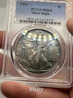 1994 American Silver Eagle Toned ASE 1oz PCGS MS65 Beautiful Rainbow Color