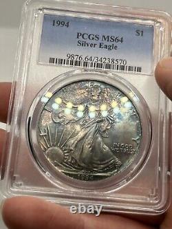 1994 American Silver Eagle Toned ASE 1oz PCGS MS65 Beautiful Rainbow Color