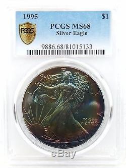 1995 American Silver Eagle MS68 PCGS with Stunning Rainbow Toned on Both Sides