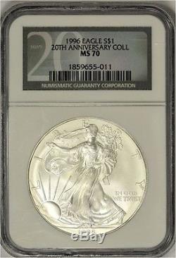 1996 1 Troy Oz American Silver Eagle NGC MS70 (Mint State 70) 20th Anniversary