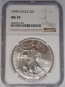 1998 $1 American Silver Eagle 1 oz NGC MS70 Brown Label Rare, Low Pop