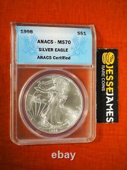 1998 $1 American Silver Eagle Anacs Ms70 Blue Label