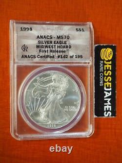 1998 $1 American Silver Eagle Anacs Ms70 First Release Midwest Hoard Pedigree