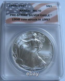 1998/97 ANACS MS70 First Strike AMERICAN SILVER EAGLE 1998 Coin Struck in 1997