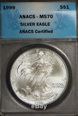 1999 $1 American Silver Eagle Proof & Uncirculated Coins ANACS MS 70 & PR 70