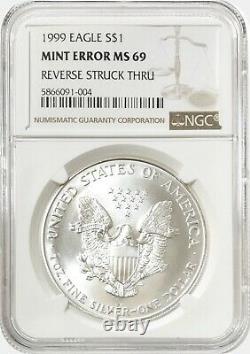 1999 American Silver Eagle S$1 MINT ERROR Reverse Struck Thru NGC MS69