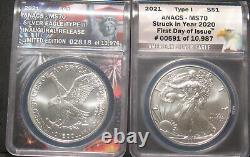 2-2021 American Silver Eagle 1oz. 999 Silver ANACS MS70 Type 1 and Type2 2Coins