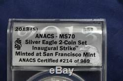 2 Coin Set 2013-S and W American Silver Eagle ANACS MS70 Inaugural Strike