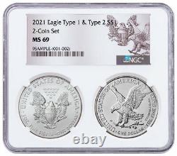 2 Coin Set 2021 American Silver Eagle Type 2 & Type 1 Type Set NGC MS69 Rev Lbl