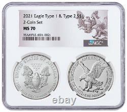 2 Coin Set 2021 American Silver Eagle Type 2 & Type 1 Type Set NGC MS70 PRESALE