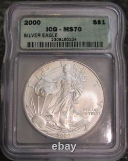 2000 $1 American Silver Eagle Icg Ms70 Green Label Spots