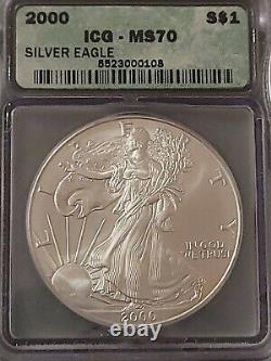 2000 ICG MS70 Certified American Silver Eagle Dollar S$1 RARE TOP SHELF
