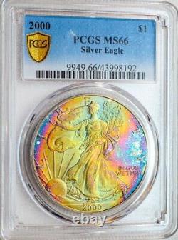 2000-p Pcgs Ms66 Silver Eagle $ Stunning Vibrant Progressive Rainbow Toning