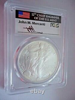 2001 $1 Silver Eagle PCGS MS70 Mercanti Signed Flag Label