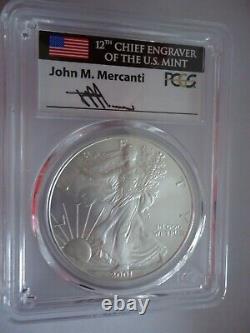 2001 $1 Silver Eagle PCGS MS70 Mercanti Signed Flag Label