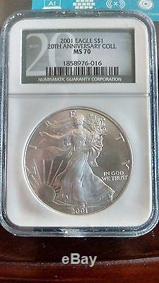 2001 1 oz Silver American Eagle MS-70 NGC 20th anniversary collection