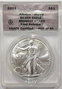 2001 American Silver Eagle ANACS MS70 First Release MIDWEST HOARD