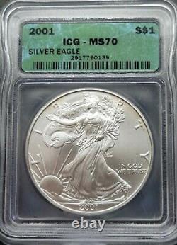 2001 ICG MS70 Certified American Silver Eagle Dollar S$1 NICE TONING