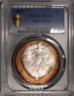 2001-P American Silver Eagle PCGS MS68 Orange Sunburst Rainbow Toned