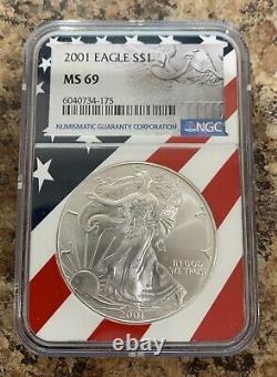 2001 Silver American Eagle $1 NGC MS69 Flag Core