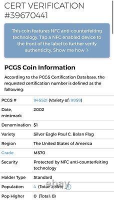 2002 $1 American Silver Eagle Pcgs Ms70 Paul Balan Hand Signed Flag Label Pop 4