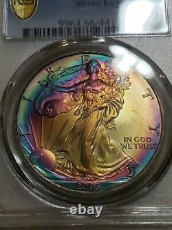 2003 American Silver Eagle Rainbow Toned RARE DATE FOR COLOR PCGS MS66