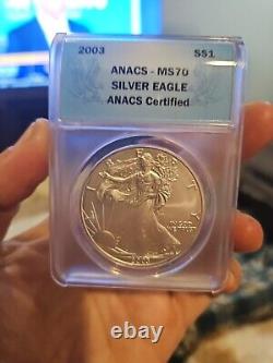2003 Silver Eagle Ms70 Anacs S$1 Rare Date Low Mintage Blue Label Mint State 70
