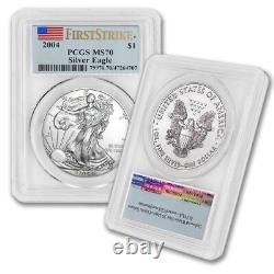 2004 $1 Silver Eagle PCGS MS70 First Strike Flag Label 1oz. 999 American coin