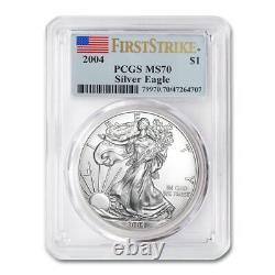 2004 $1 Silver Eagle PCGS MS70 First Strike Flag Label 1oz. 999 American coin