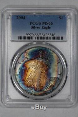 2004 American Silver Eagle $1 Ase Pcgs Certified Ms 66 Super Toning Color (346)